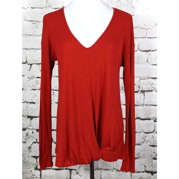 BORDEAUX Knot-Front Ribbed Knit V-Neck Tee Soft Stretchy Versatile Casual Small - Picture 2 of 7